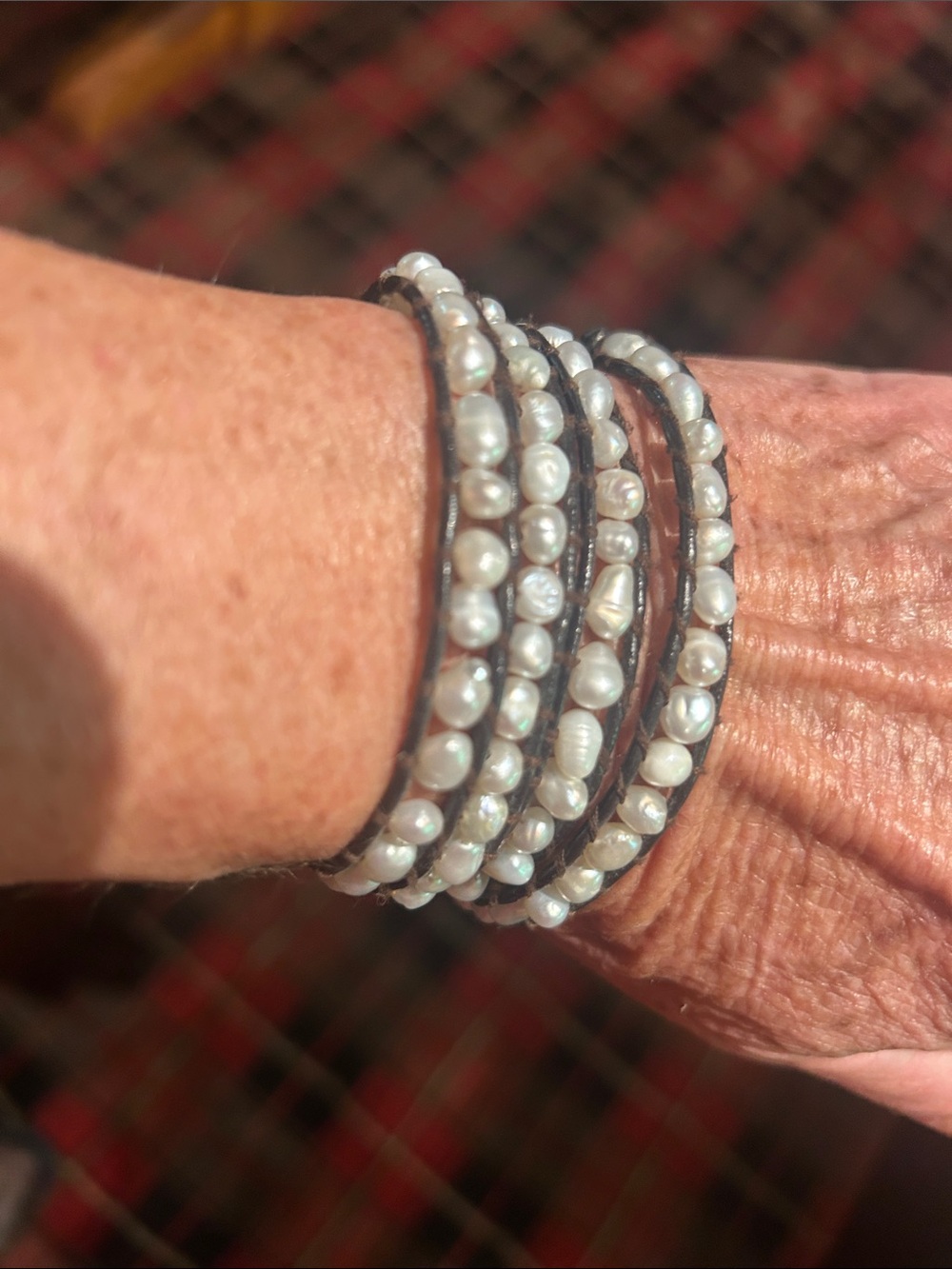 Pearl-Accented Black Leather Wrap Bracelet